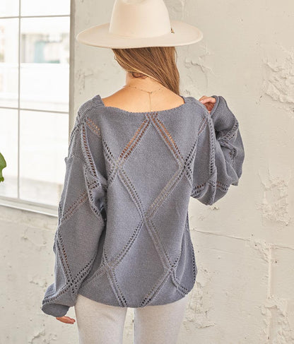 Vネックダイヤカット透かし編ニットトップス 813-6700