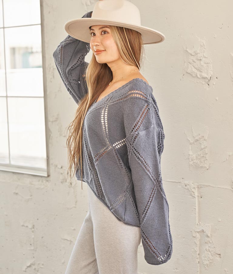 Vネックダイヤカット透かし編ニットトップス 813-6700