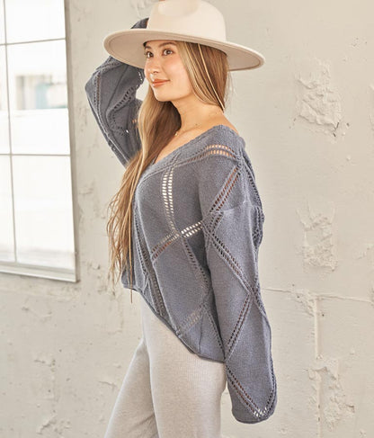 Vネックダイヤカット透かし編ニットトップス 813-6700