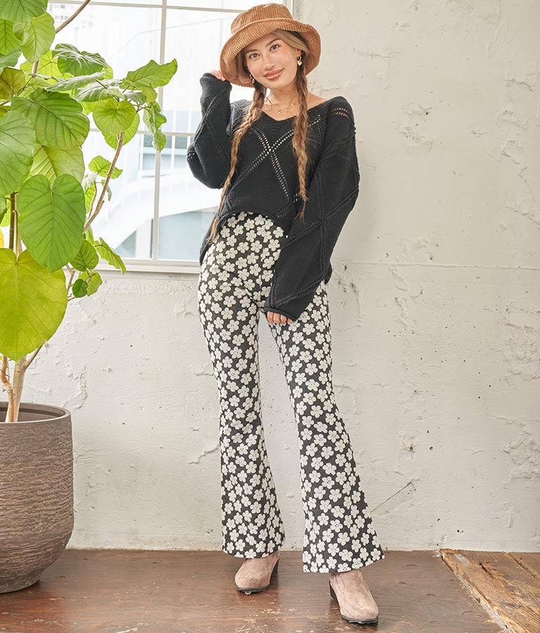 Vネックダイヤカット透かし編ニットトップス 813-6700