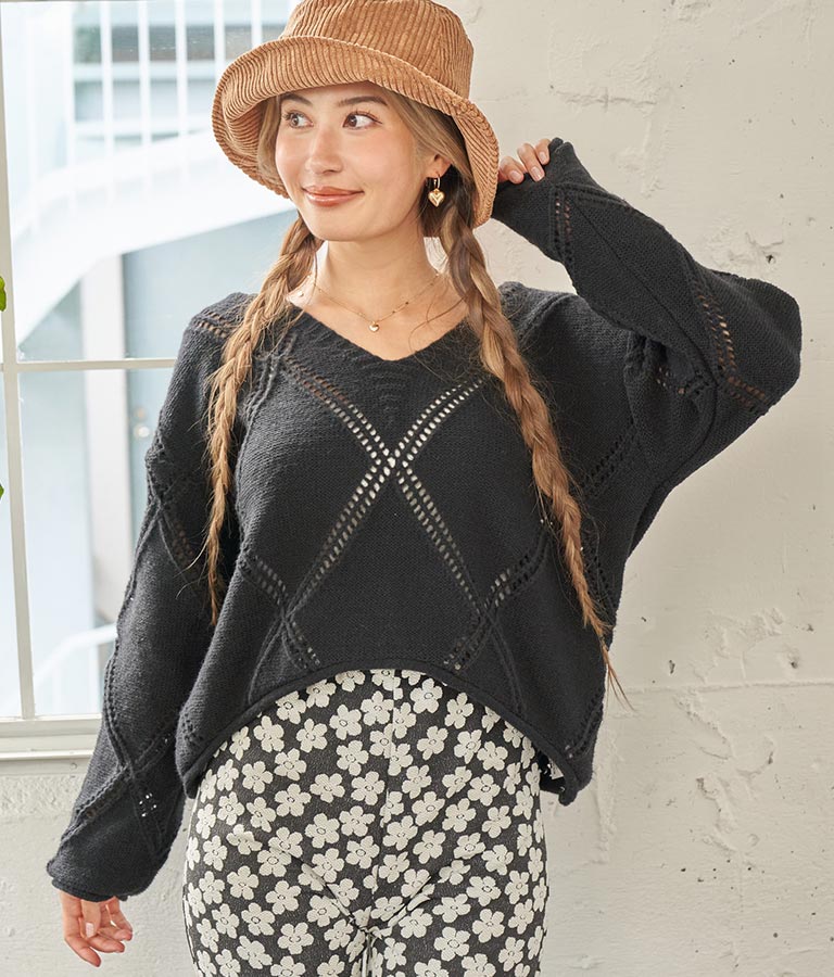 Vネックダイヤカット透かし編ニットトップス 813-6700