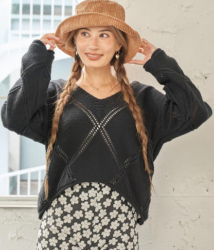 Vネックダイヤカット透かし編ニットトップス 813-6700