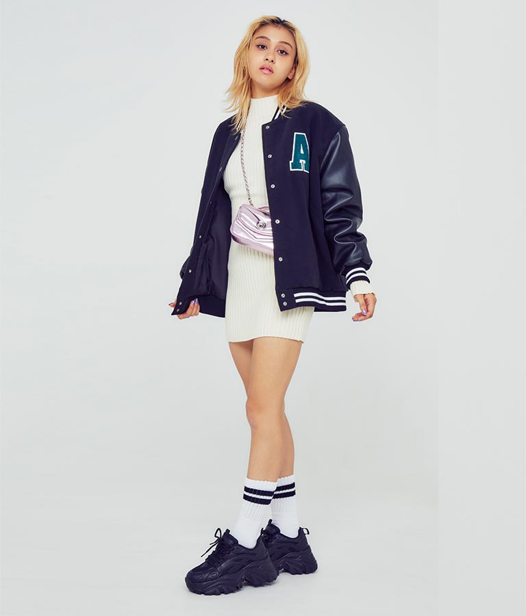 フレアスリーブバックオープンリブニットミニワンピース 157-5437