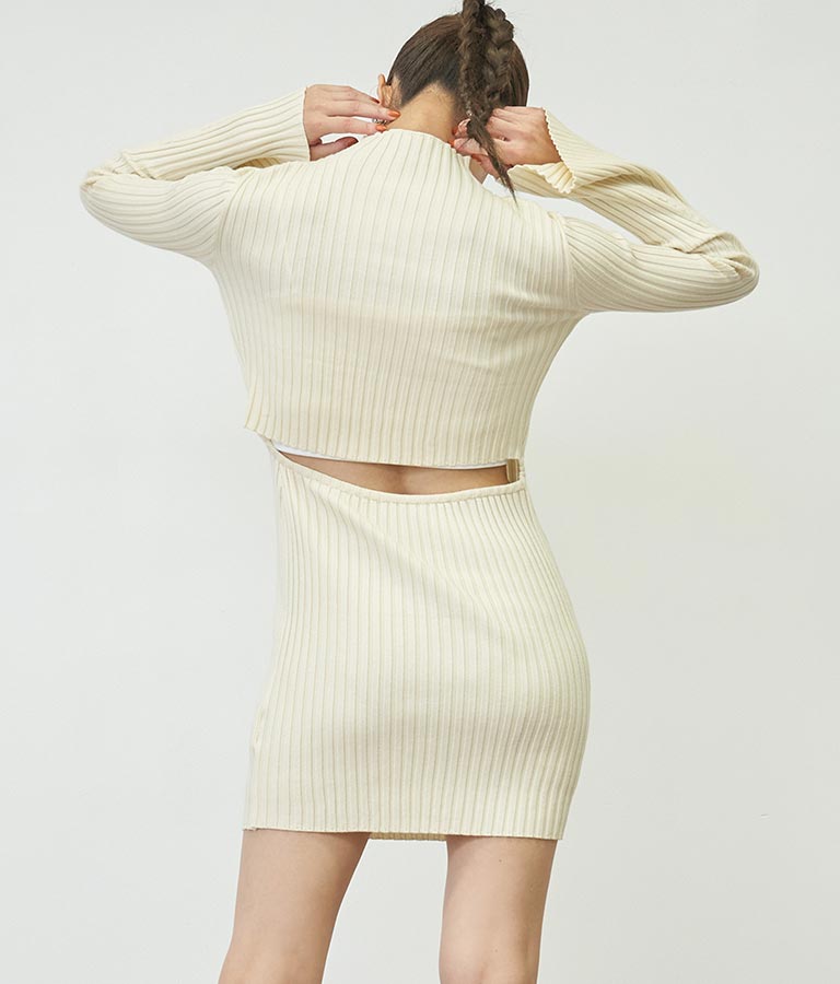 フレアスリーブバックオープンリブニットミニワンピース 157-5437