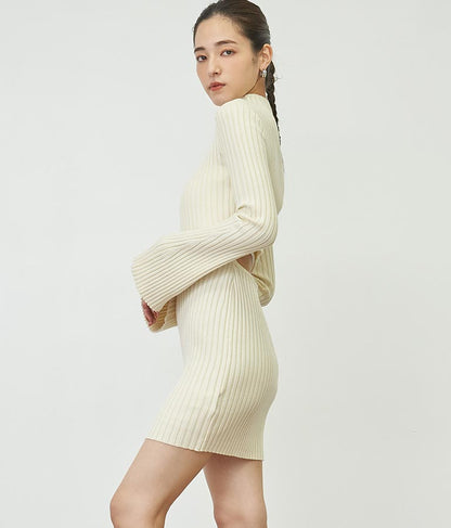 フレアスリーブバックオープンリブニットミニワンピース 157-5437