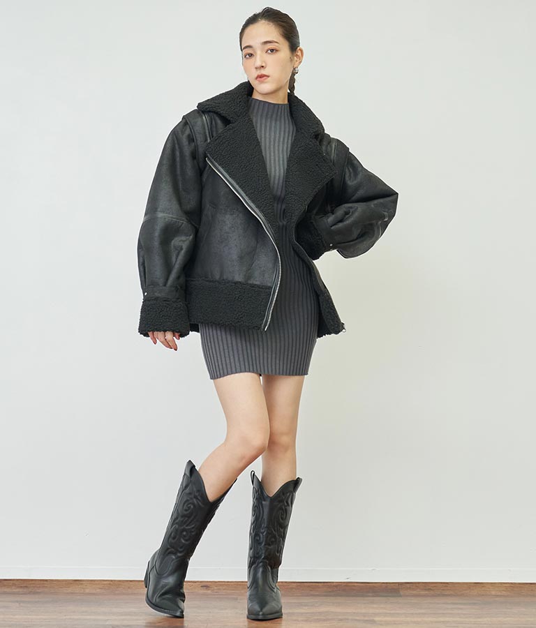 フレアスリーブバックオープンリブニットミニワンピース 157-5437