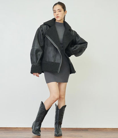 フレアスリーブバックオープンリブニットミニワンピース 157-5437