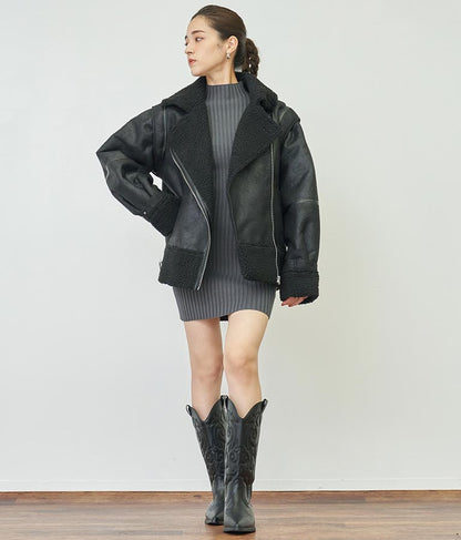 フレアスリーブバックオープンリブニットミニワンピース 157-5437