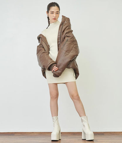 フレアスリーブバックオープンリブニットミニワンピース 157-5437