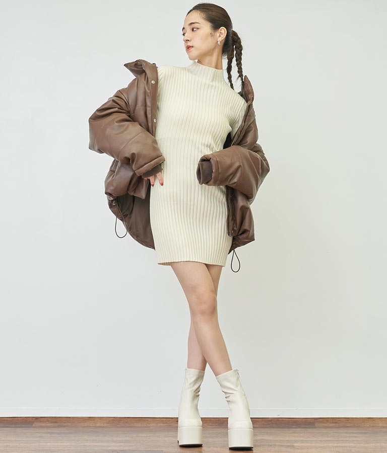 フレアスリーブバックオープンリブニットミニワンピース 157-5437