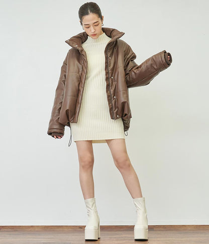 フレアスリーブバックオープンリブニットミニワンピース 157-5437