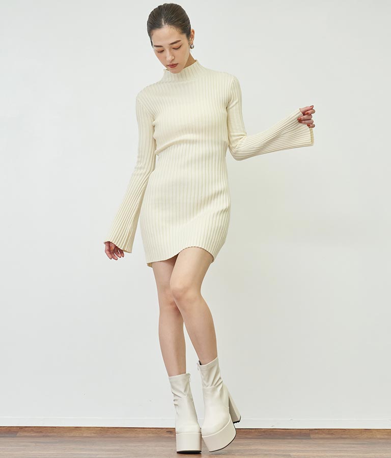 フレアスリーブバックオープンリブニットミニワンピース 157-5437