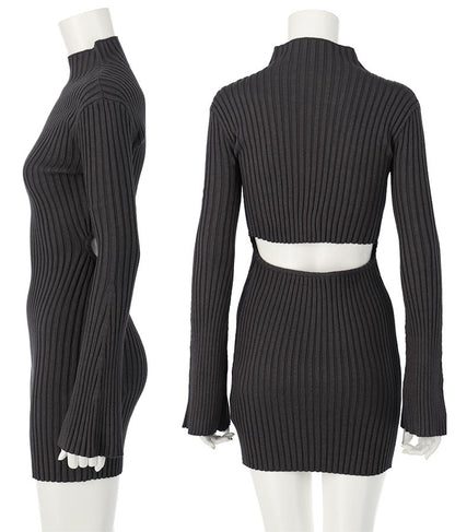 フレアスリーブバックオープンリブニットミニワンピース 157-5437