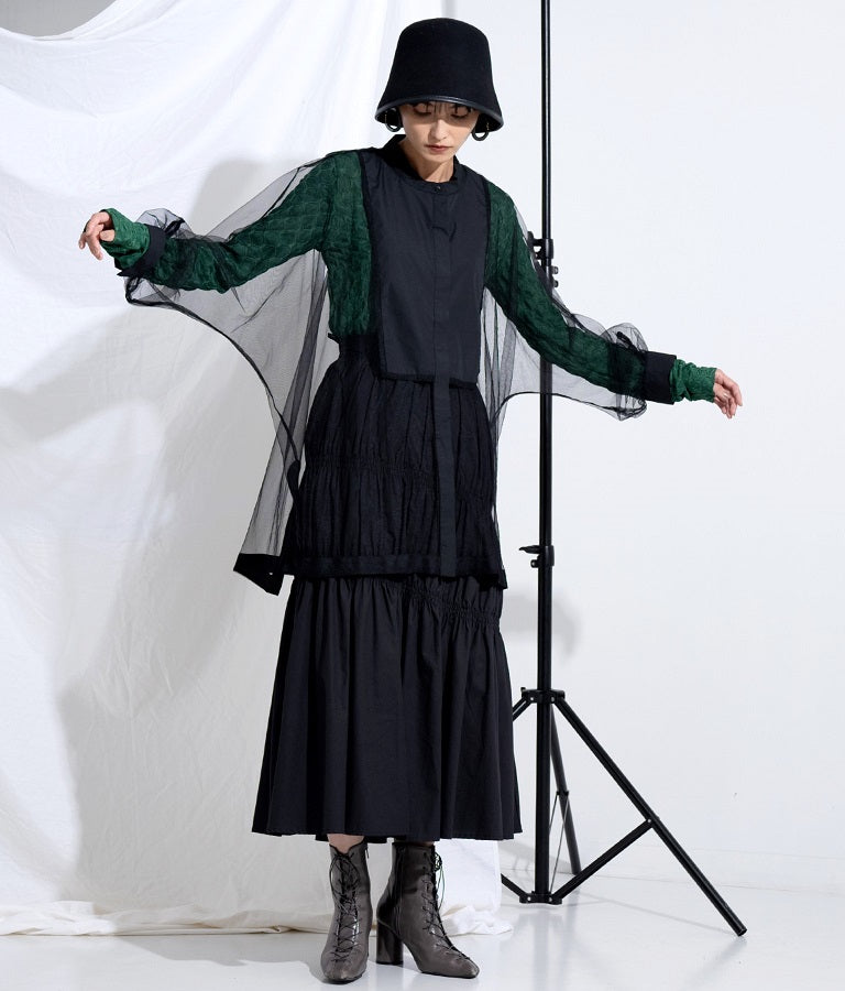 ノーカラー チュールレース シアーシャツ ロングシャツ 長袖シャツ 363-9266