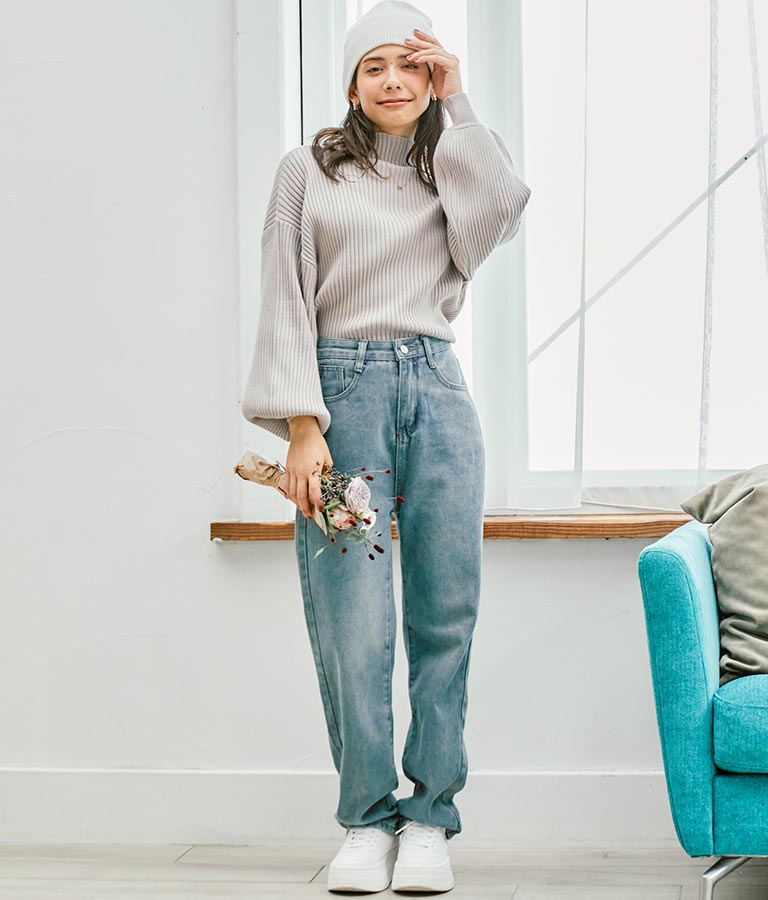 ボリュームスリーブボトルネックニットトップス 523-6669