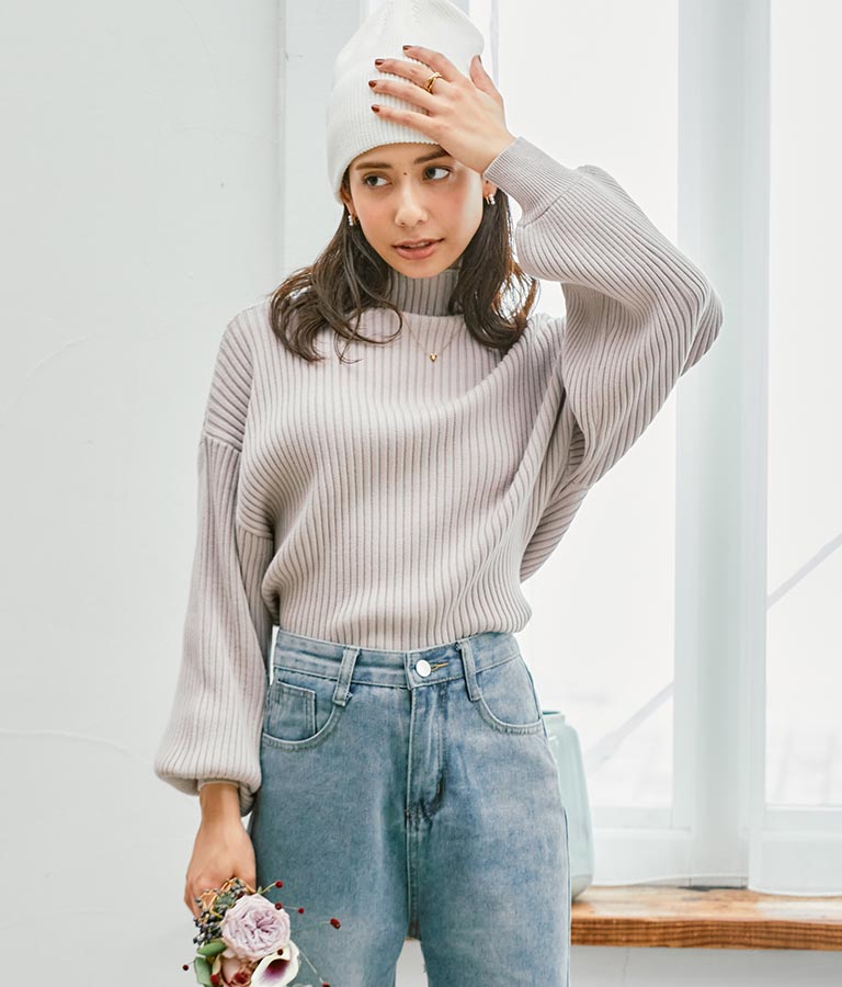 ボリュームスリーブボトルネックニットトップス 523-6669