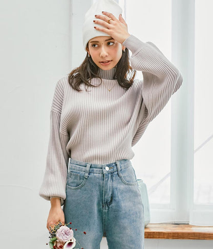 ボリュームスリーブボトルネックニットトップス 523-6669