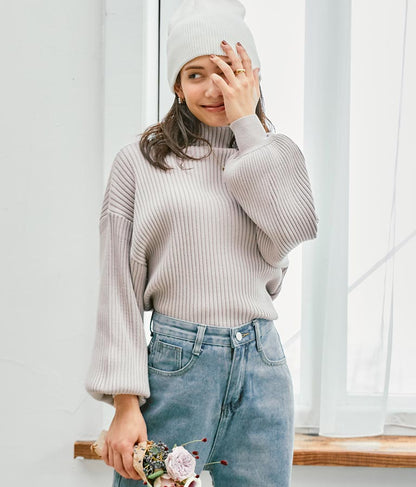 ボリュームスリーブボトルネックニットトップス 523-6669