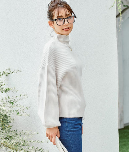 ボリュームスリーブボトルネックニットトップス 523-6669
