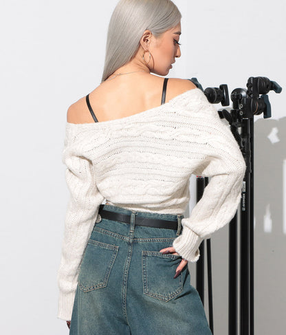 横編み ケーブル柄 オフショルダー ニットトップス 493-2574