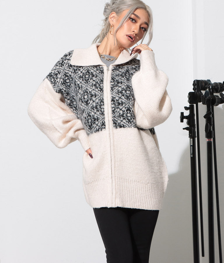 オリエンタル柄 モヘアニット カーディガン ブルゾン 長袖 495-2613