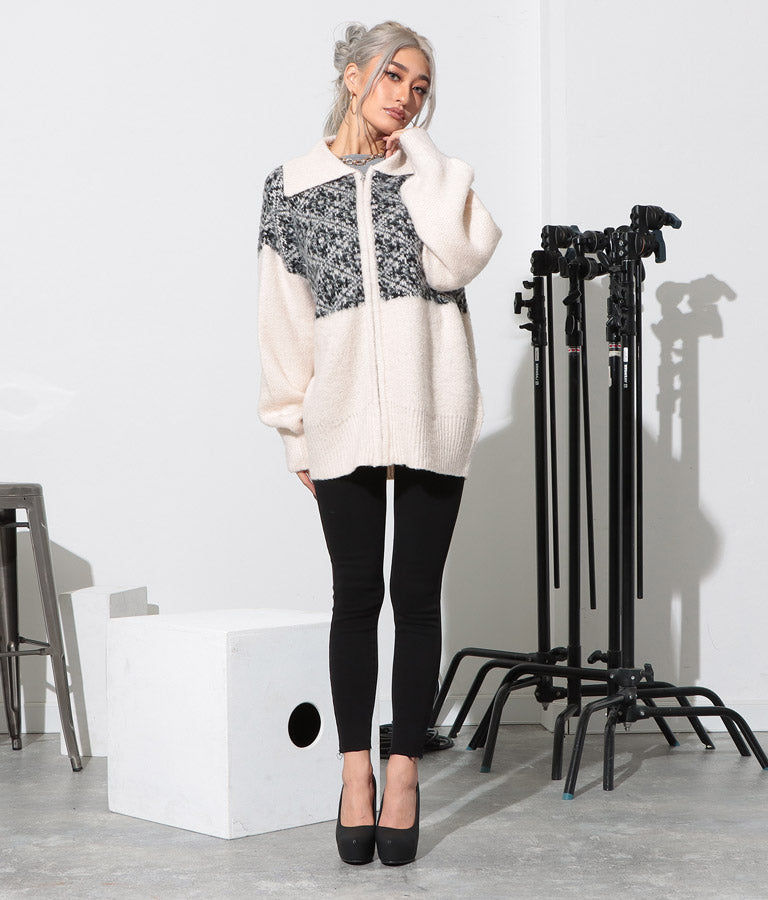 オリエンタル柄 モヘアニット カーディガン ブルゾン 長袖 495-2613