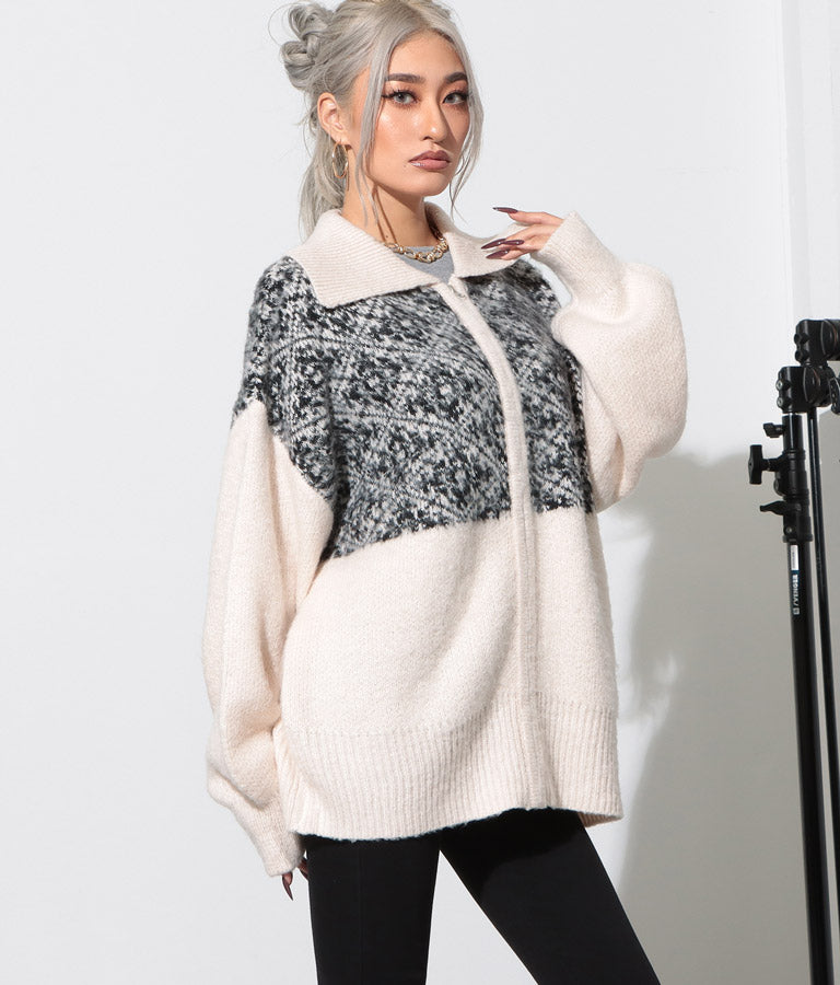 オリエンタル柄 モヘアニット カーディガン ブルゾン 長袖 495-2613