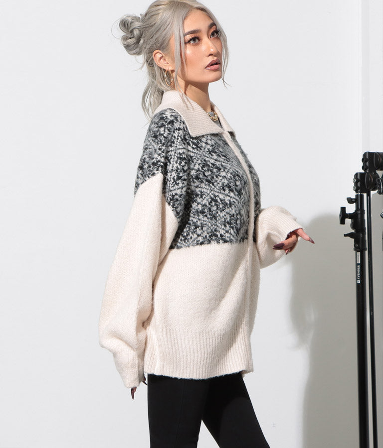 オリエンタル柄 モヘアニット カーディガン ブルゾン 長袖 495-2613