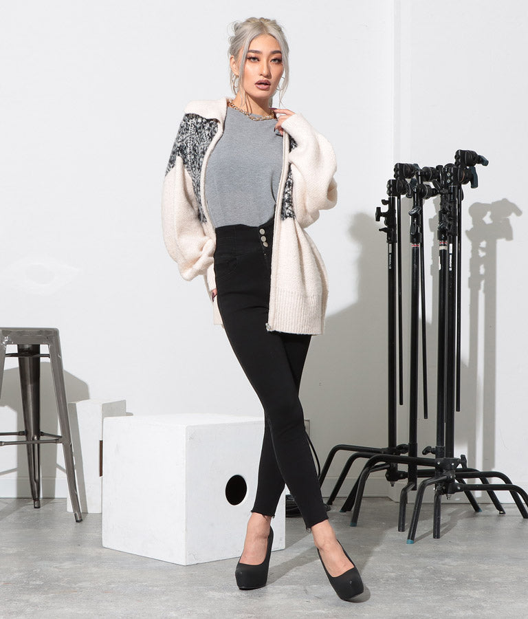 オリエンタル柄 モヘアニット カーディガン ブルゾン 長袖 495-2613