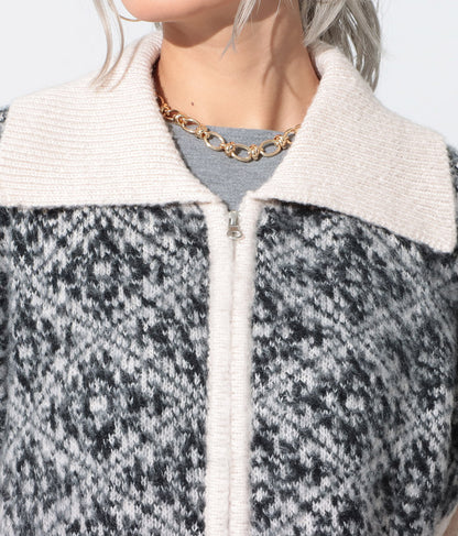 オリエンタル柄 モヘアニット カーディガン ブルゾン 長袖 495-2613