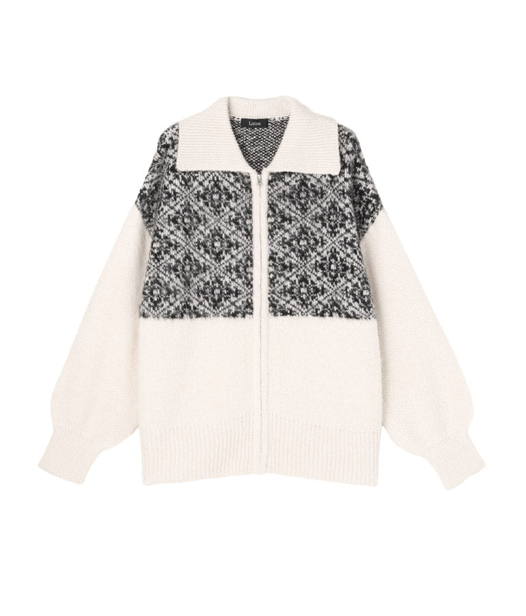 オリエンタル柄 モヘアニット カーディガン ブルゾン 長袖 495-2613