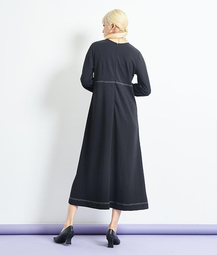 配色ステッチ マキシ丈 ワンピース クルーネック 長袖 367-9254
