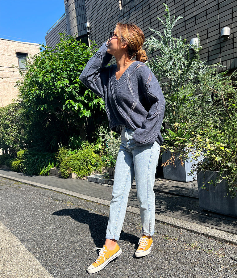 Vネックダイヤカット透かし編ニットトップス 813-6700