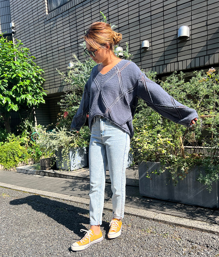 Vネックダイヤカット透かし編ニットトップス 813-6700