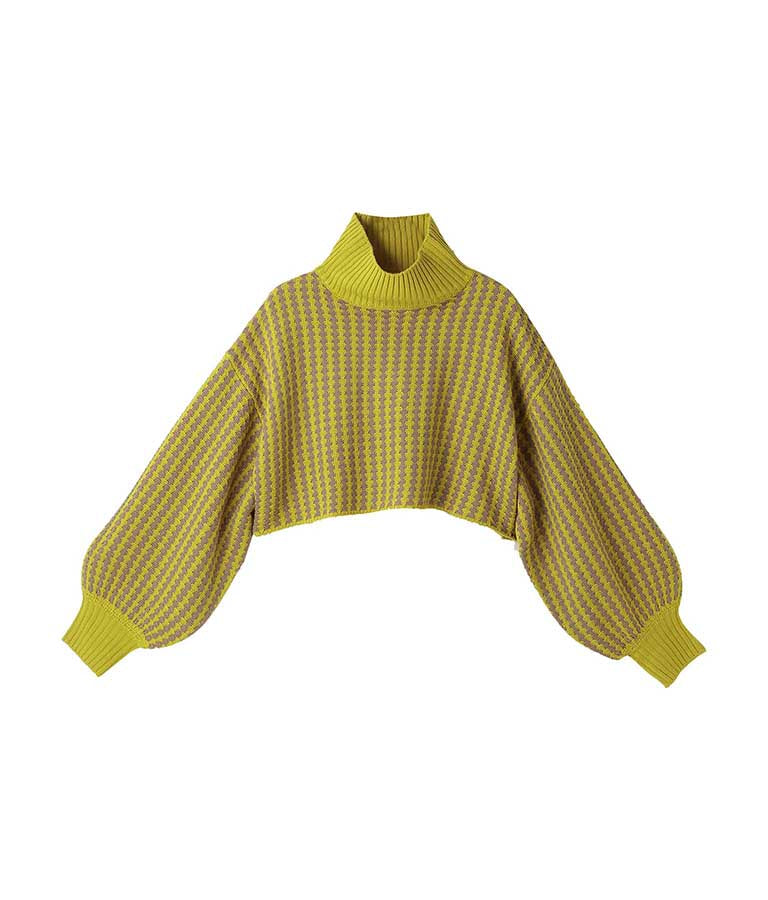 ジオメトリック柄 クロップド ニット ハイネック 長袖