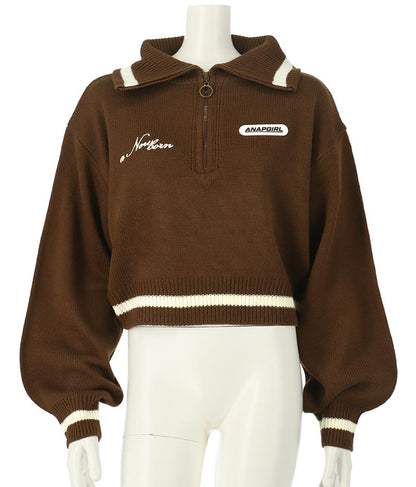 ハーフジップ 衿付 ショート ニット トップス 913-7319