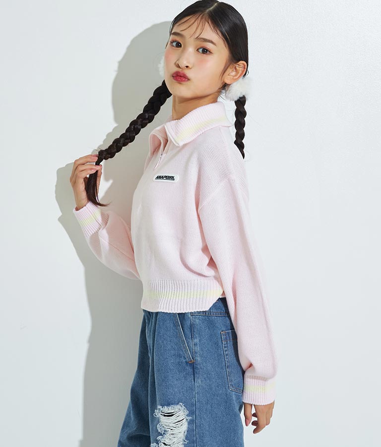 ハーフジップ 衿付 ショート ニット トップス 913-7319