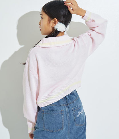 ハーフジップ 衿付 ショート ニット トップス 913-7319