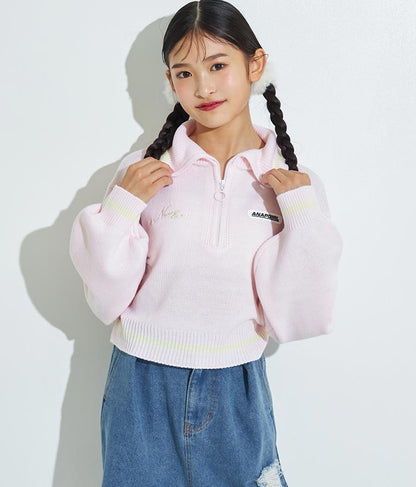 ハーフジップ 衿付 ショート ニット トップス 913-7319