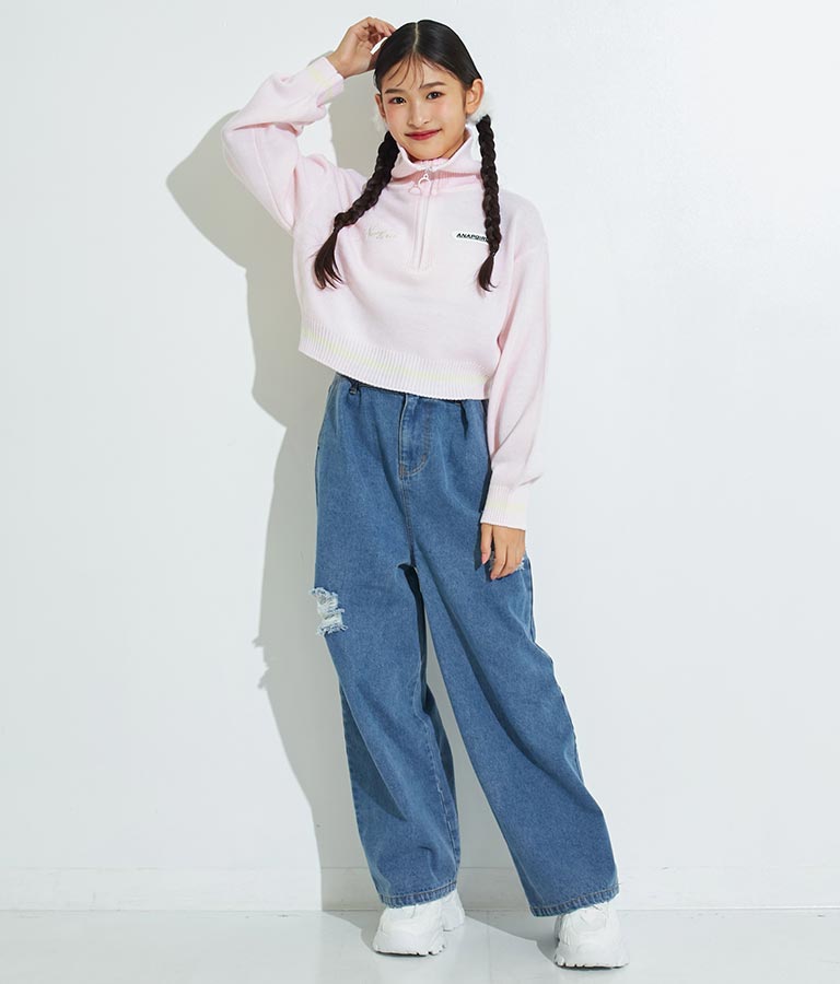 ハーフジップ 衿付 ショート ニット トップス 913-7319