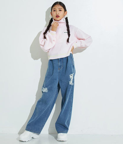 ハーフジップ 衿付 ショート ニット トップス 913-7319