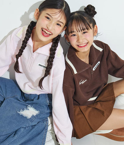 ハーフジップ 衿付 ショート ニット トップス 913-7319