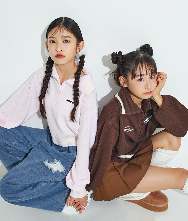 ハーフジップ 衿付 ショート ニット トップス 913-7319