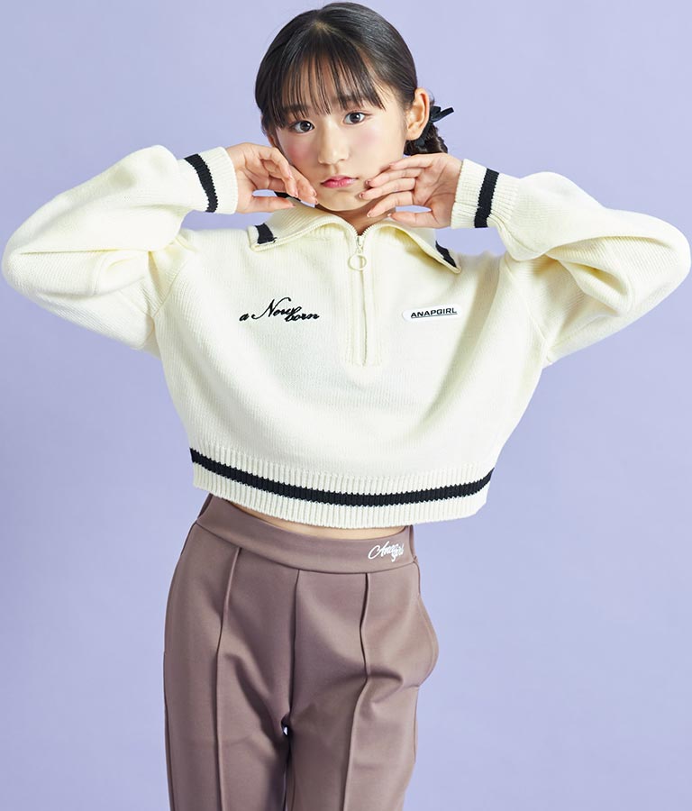 ハーフジップ 衿付 ショート ニット トップス 913-7319