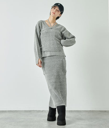 ブークレ Vネック ニット トップス × ホルターネック キャミソール セット 【セットアップ着用可】 798-9074