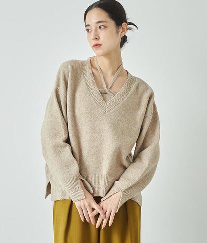 ブークレ Vネック ニット トップス × ホルターネック キャミソール セット 【セットアップ着用可】 798-9074