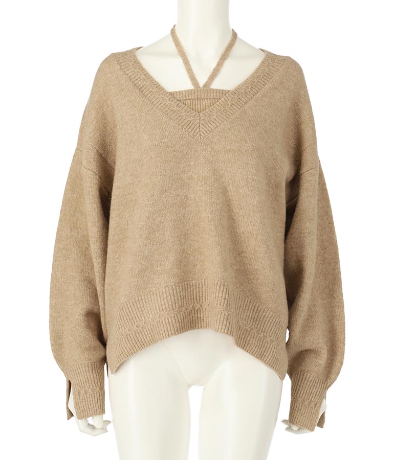 ブークレ Vネック ニット トップス × ホルターネック キャミソール セット 【セットアップ着用可】 798-9074