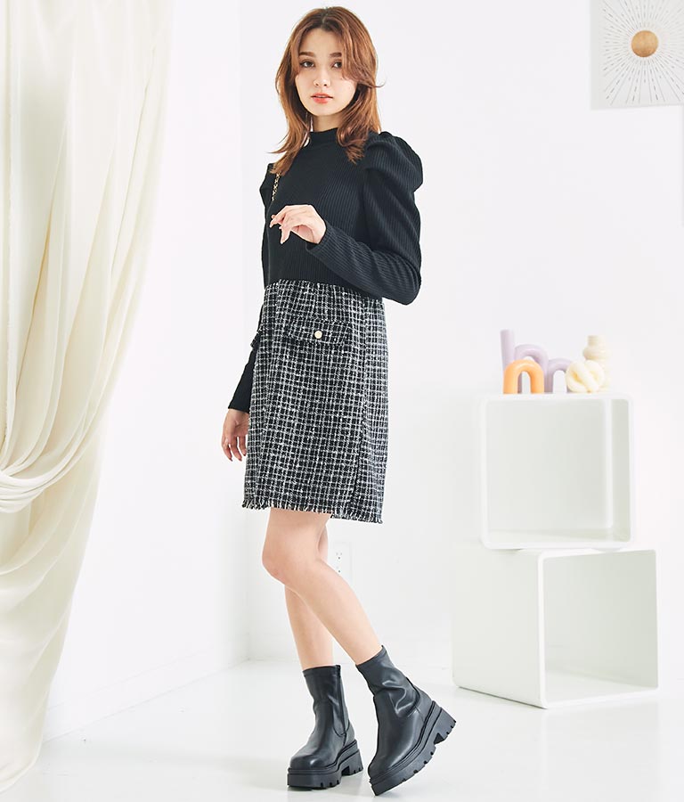 ツイード 切り替え ミニ ワンピース