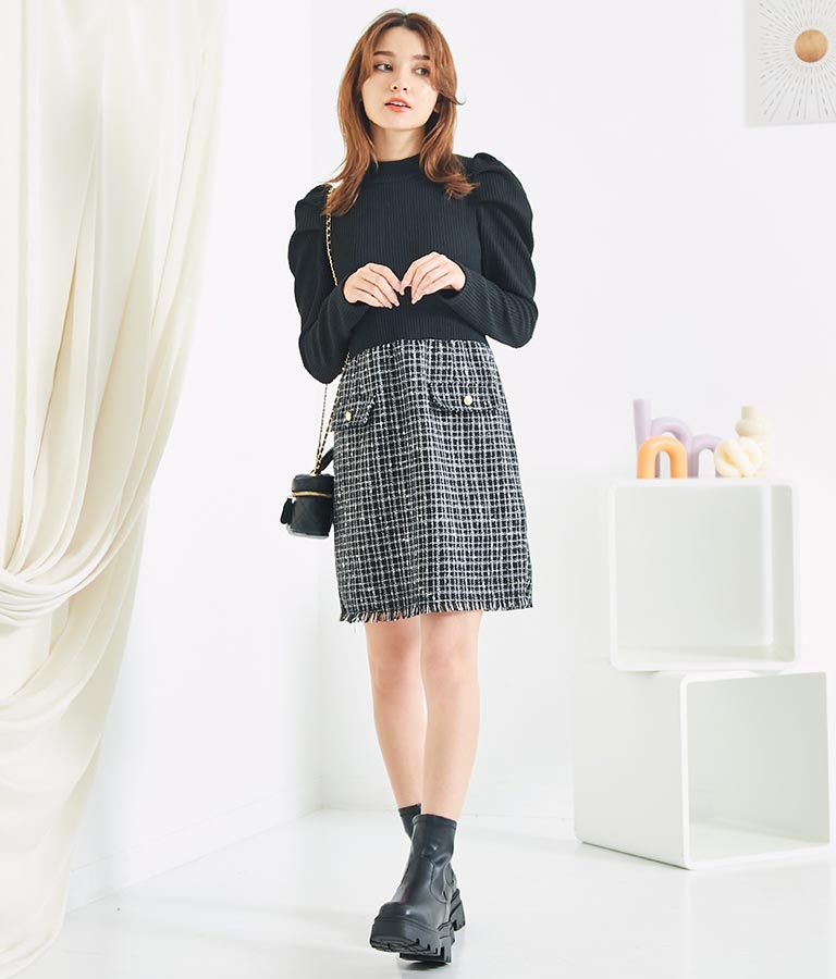 ツイード 切り替え ミニ ワンピース 527-6789