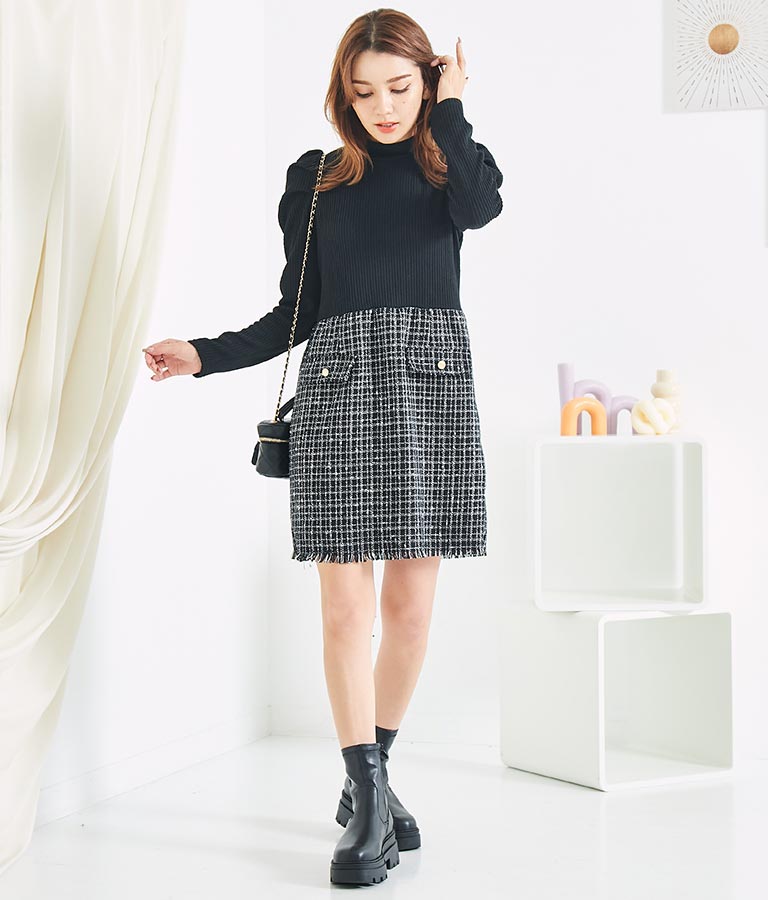 ツイード 切り替え ミニ ワンピース 527-6789